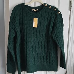 Michael Kors Forest Green Cable Knit Sweater with Gold Buttons